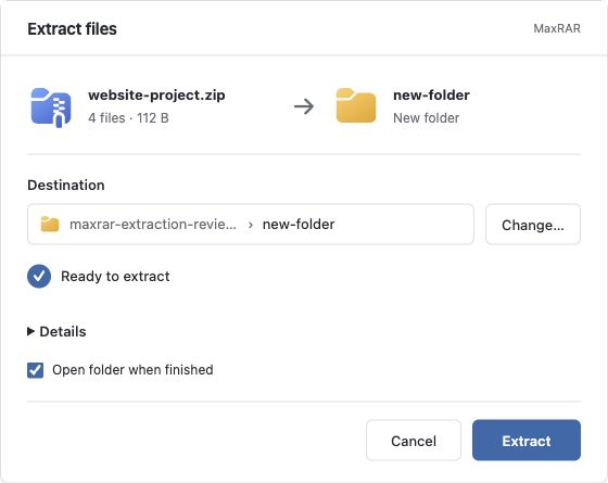 MaxRAR extraction dialog showing an archive, destination folder, ready status and Extract button