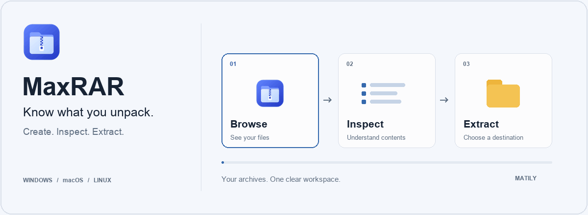 MaxRAR archive manager — animated Browse, Inspect and Extract workflow with the MaxRAR logo
