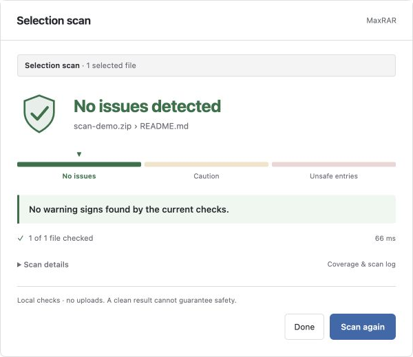 MaxRAR single-file scan result with a visual status scale, files checked and expandable scan details