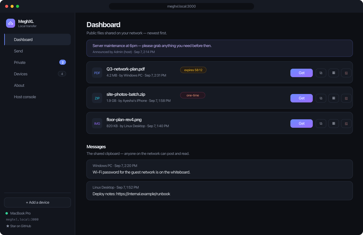 MeghXL dashboard at meghxl.local:3000 — public files shared on the local network, with expiring and one-time links and a shared message board