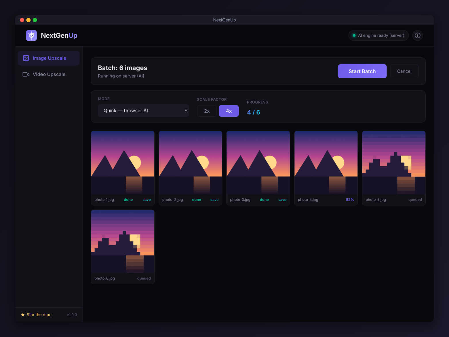 NextGenUp batch processing interface upscaling multiple images at once