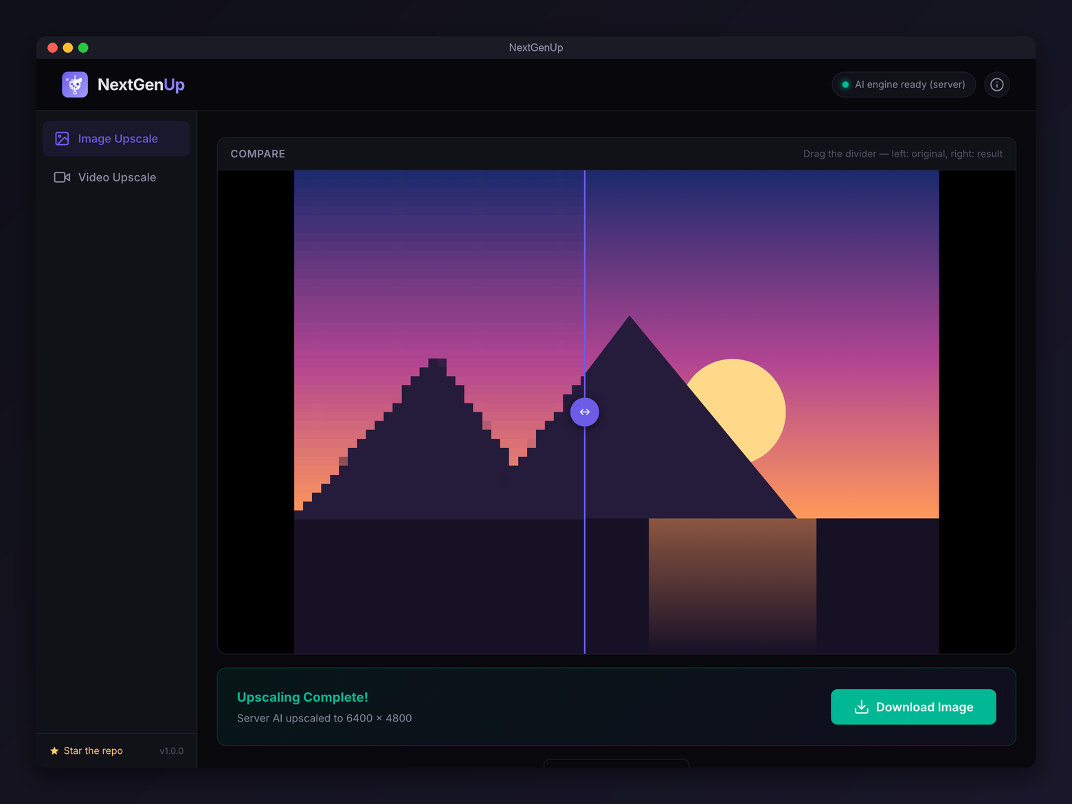 NextGenUp before/after comparison slider — a pixelated image on the left, sharp AI-upscaled result on the right, upscaled to 6400 × 4800